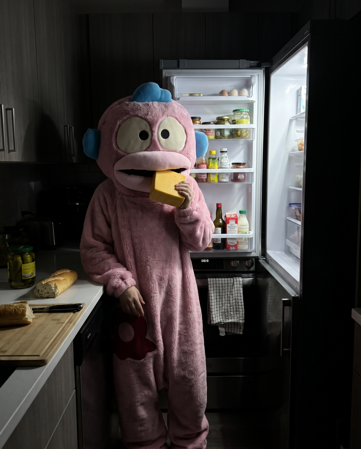 CosyBoo pyjama rose : devant le frigo ouvert à minuit, un bloc de fromage à la main