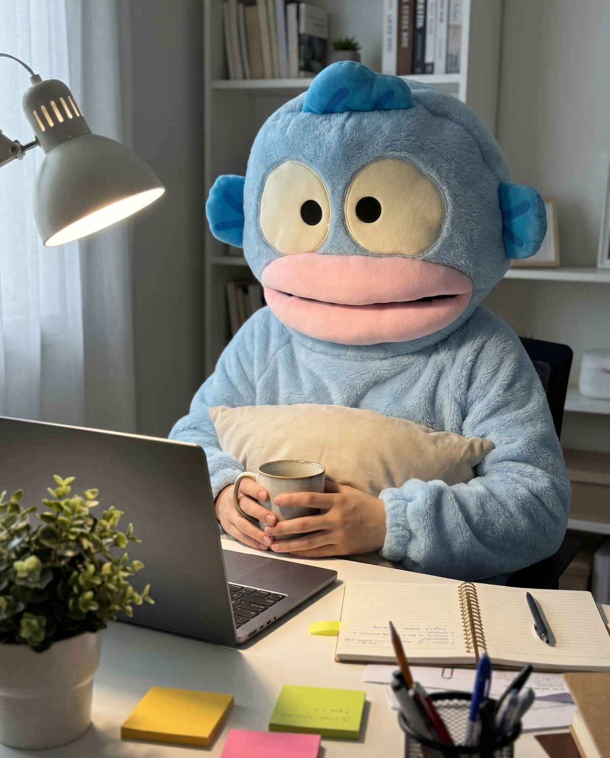 CosyBoo pyjama bleu : en visio au bureau, un oreiller sous le bras