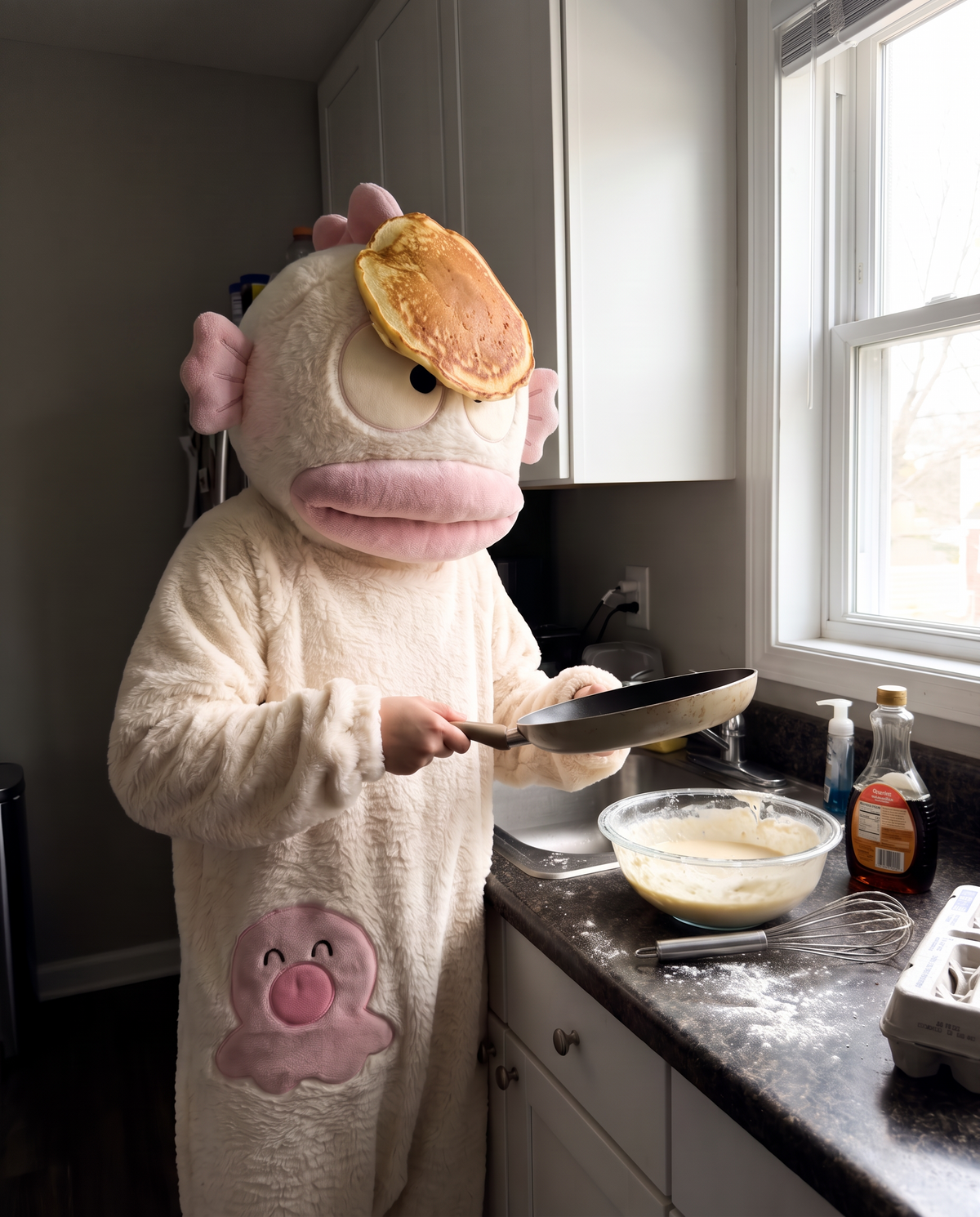CosyBoo pyjama crème : une crêpe ratée atterrit sur la tête dans la cuisine